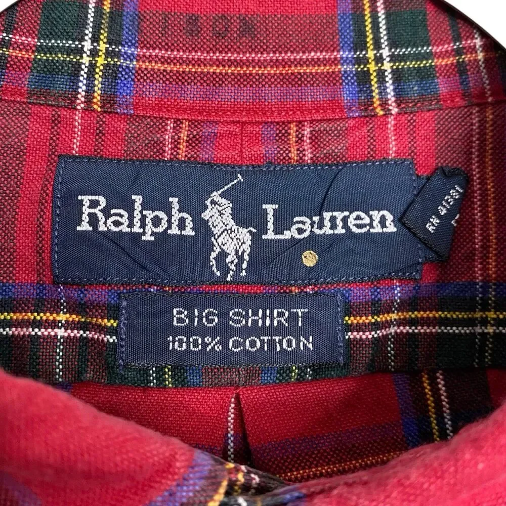 Vtg Polo Ralph Lauren Big Shirt Mens L Red Button Down Plaid Pony Preppy LS 90s